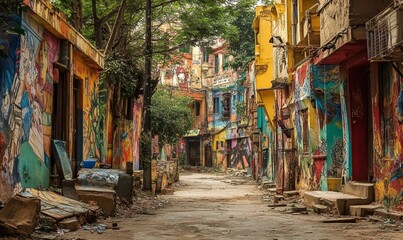 Fototapeta premium Colorful, graffiti-covered alleyway in an urban setting.
