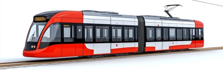 A sleek, modern tram with a red and white color scheme is shown on tracks against a white background, symbolizing urban transportation, efficiency, modern design, travel, and public transit.