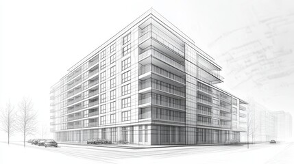Architectural blueprint design of a modern multi-story building with sleek lines, large windows, and balconies, symbolizing urban living, contemporary architecture, construction planning, real estate 