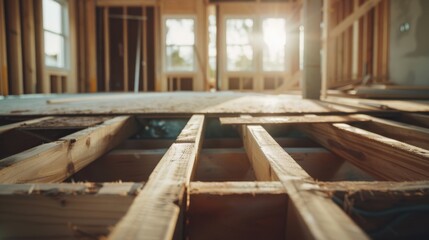 Obraz premium Sunlight streams into a partially constructed room, casting a warm glow on the timber beams of a new home, embodying potential and beginnings.