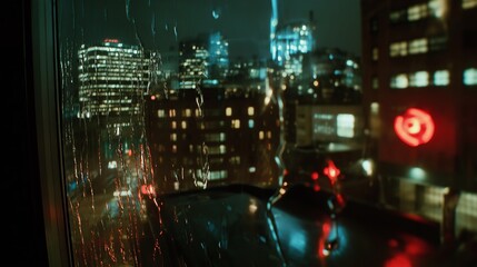 A cityscape viewed through a rain-soaked window, with lights blurred for a dreamy effect