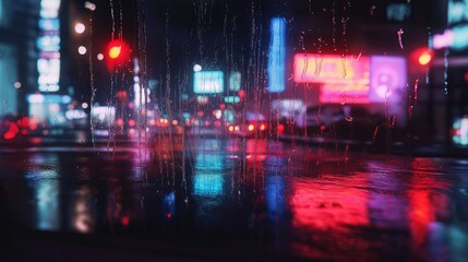 Obraz premium A cityscape viewed through a rain-soaked window, with lights blurred for a dreamy effect