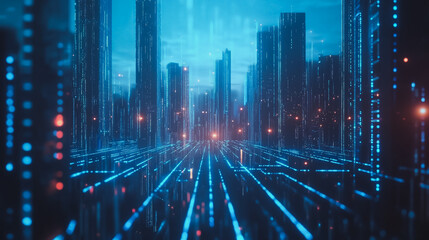 Fototapeta premium Smart digital Innovation city with connection network reciprocity over the cityscape. of future smart wireless digital city and social media networking systems that connects people with in city