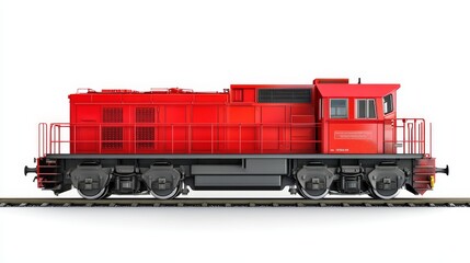 A powerful red diesel locomotive, isolated on a white background. This image symbolizes transportation, industry, power, strength, and efficiency.