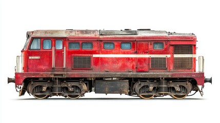 Obraz premium A red diesel locomotive isolated on a white background, symbolizing power, transportation, industry, nostalgia, and engineering.