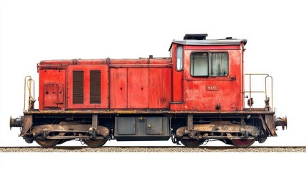 A vintage red diesel locomotive, isolated on a white background, showcasing its powerful engine and intricate details.  This image symbolizes transportation, industry, power,  history, and nostalgia.