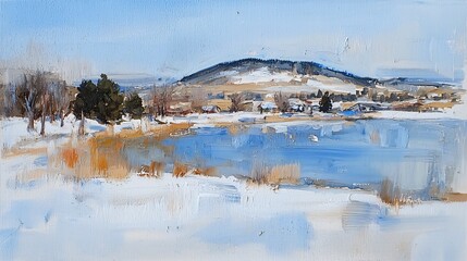 Explore the tranquil beauty of a serene lake reflecting winter's embrace in a picturesque landscape