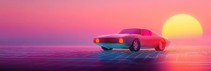 A retro car sits on a neon grid landscape with a vibrant sunset in the background. The car is white and sleek, reflecting the colors of the sunset. This image evokes a sense of nostalgia, futurism, an