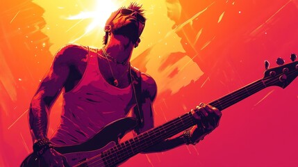 Energetic Rock Musician Playing Guitar on Stage During Concert