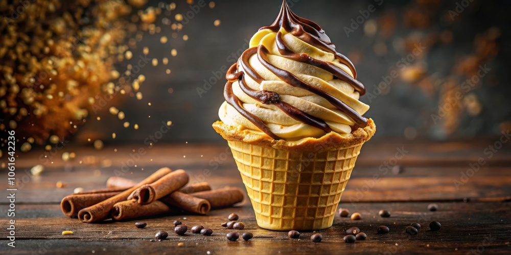 Poster a swirl of chocolate and vanilla ice cream in a crispy waffle cone, surrounded by cinnamon sticks an