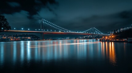 Fototapeta premium Suspension Bridge at Night with Reflections.
