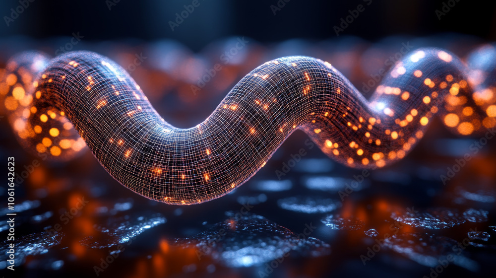 Sticker 3d wireframe grid depicts glowing blockchain link with vibrant orange lights, showcasing futuristic 