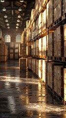 Expansive warehouse interior with rows of towering shelves stacked high with cardboard boxes packages and pallets creating a vast logistical storage facility
