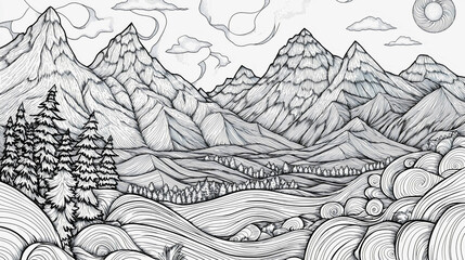 Serene mountain coloring book, artistic page drawing sketch contour, expressive outline nature landscape illustration, detailed relaxing scenic, adventurous creative artistic