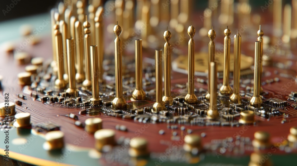 Poster the modern technology charm showcasing a captivating array of golden pins on a circuit board, symbol