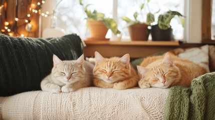 Cozy cats sleeping peacefully on soft blanket, surrounded by plants and warm light. Their serene expressions create tranquil atmosphere in this inviting space