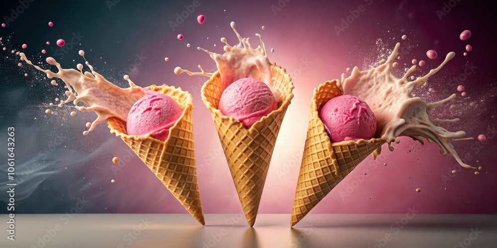 Poster three ice cream cones in mid-air with a burst of sweet creamy milk and a splash of pink sprinkles, c