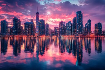 Obraz premium A captivating view of a modern cityscape at sunset, with towering skyscrapers reflecting in the calm waters below. The vibrant sky, illuminated by the setting sun, creates a stunning backdrop for the 
