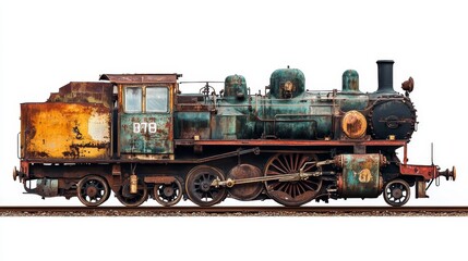 Naklejka premium A vintage steam locomotive with rust and patina, isolated on a white background. This image embodies nostalgia, industrial history, and the power of steam engines.