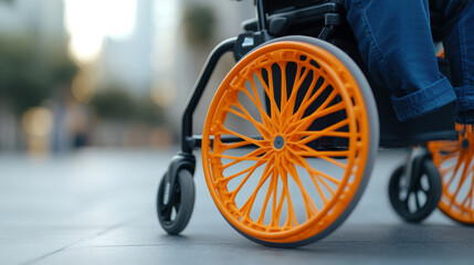 Obraz premium A close up view of wheelchair wheel with vibrant orange spokes, showcasing modern design and functionality. background features blurred urban setting, emphasizing mobility and independence