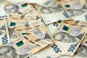 Ukraine money 500 hryvnia background. Ukrainian finance, salary, pension, donations, taxes