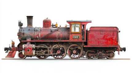 Obraz premium Vintage red steam locomotive isolated on a white background, showcasing its classic design, powerful engine, and weathered details. It symbolizes transportation, industry, history, adventure, and nost