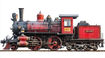 Obraz premium Vintage steam locomotive with red exterior, isolated on a white background, showcasing the power and history of railroad transportation. It symbolizes industry, progress, and nostalgia.