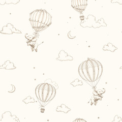Seamless pattern with cute baby elephant flying in a hot air balloon in toile de jouy retro style. Vintage line art background.
