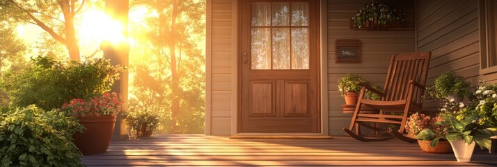 A warm and inviting front porch with a wooden door, a rocking chair, and sunlit greenery, creating a welcoming atmosphere.