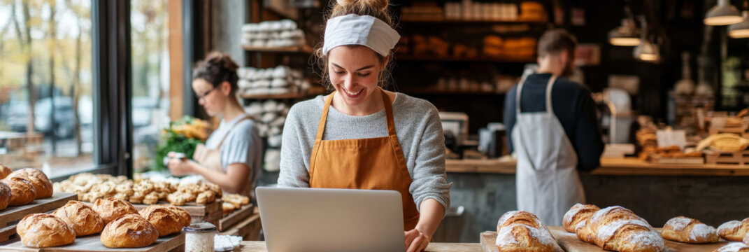 A woman in an apron smiles while using laptop in bakery, surrounded by fresh pastries and warm atmosphere. scene captures joy of working in cozy environment