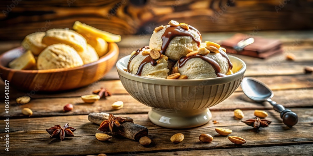 Aufkleber a bowl of creamy ice cream topped with chocolate sauce and peanuts, nestled on a rustic wooden table