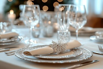 winter wedding decor, winter wedding table adorned with silver chargers, crystal glassware, and snowflake napkins on ivory linen in a majestic hall text space left