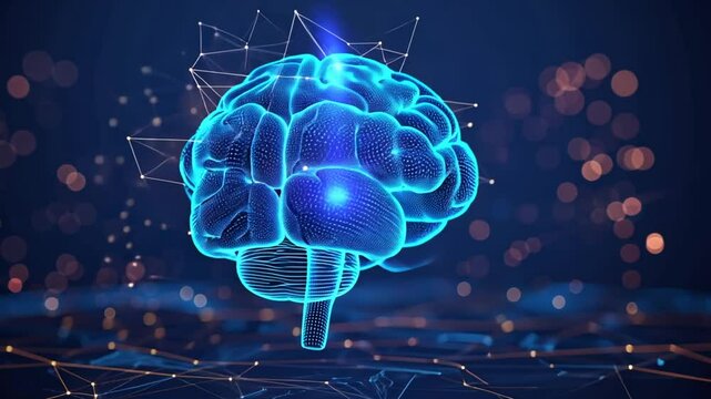 A vivid blue brain model is digitally constructed, showcasing complex neural pathways in a dark setting filled with shimmering lights, symbolizing advanced technology and intelligence