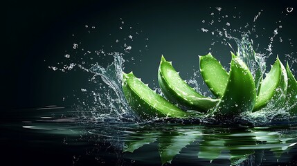 Aloe vera leaves splashing in water, highlighting freshness and natural beauty.