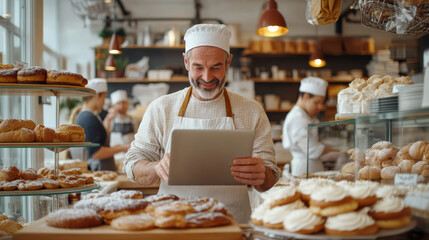 A cheerful baker reviews orders on tablet in cozy bakery filled with delicious pastries and desserts. warm atmosphere invites customers to enjoy fresh treats