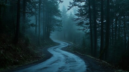 Obraz premium Winding road through the misty forest a serene