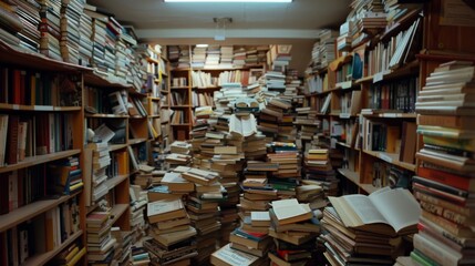 A lively scene in a cluttered bookstore with chaotic stacks of books, embodying a treasure trove of literary wonders.