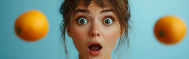 Shocked woman surprised by an unbelievable sale on an orange background