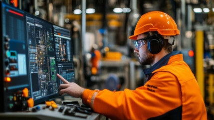 A focused technician in an orange safety uniform operates advanced machinery, analyzing data on large screen in modern industrial setting