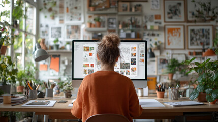A creative workspace filled with plants and art, showcasing person working on computer. environment is vibrant and inspiring, perfect for artistic endeavors