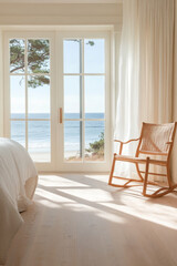 Fototapeta premium A serene interior featuring cozy bedroom with view of ocean. Natural light floods space, highlighting wooden rocking chair and soft textures, creating peaceful atmosphere