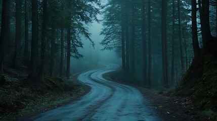 Fototapeta premium Winding road through the misty forest a serene