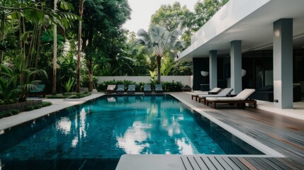 Fototapeta premium Elegant modern villa with a glossy pool, embraced by vibrant tropical plants under a sunny sky, epitomizing luxury living.
