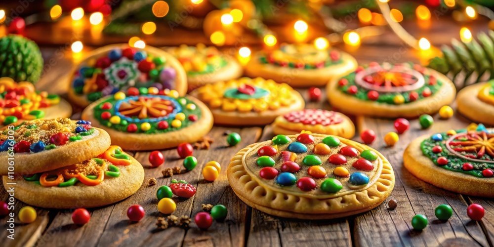 Poster Festive cookies with colorful candies and sprinkles on a rustic wooden table with warm lights in the background