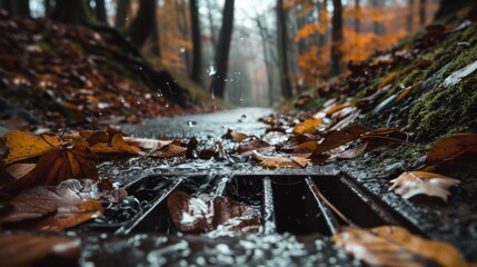 Obraz premium Autumn leaves cover a forest path beside a drain, with raindrops creating ripples, capturing the serene beauty of nature transitioning into cozy fall.