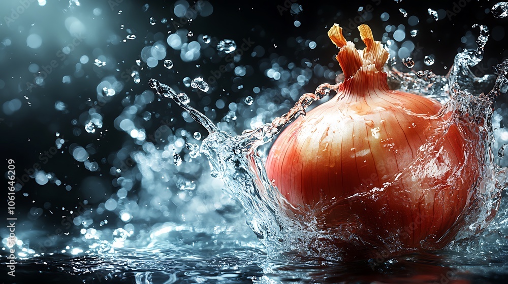 Poster A red onion splashes into water, creating dynamic droplets and a vivid visual effect.
