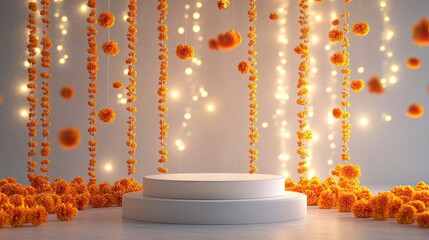 Create a minimalist Indian festive-themed background featuring a central one step podium in white and cream shades,generative ai