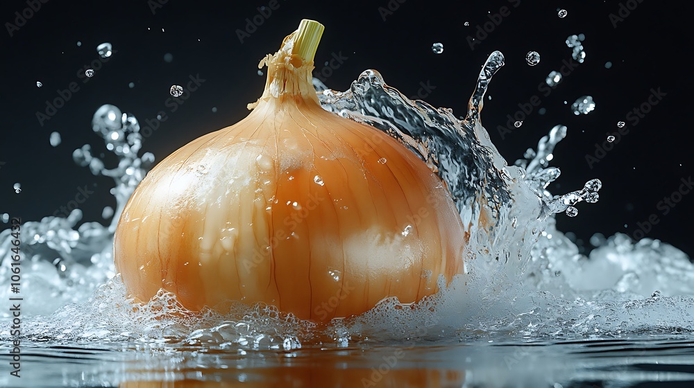Poster an onion splashes into water, creating dynamic droplets and highlighting freshness.