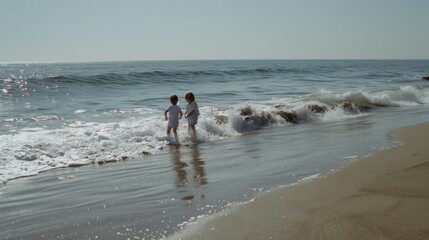 Two children play joyfully at the water's edge, their reflections dancing on the wet sand as waves crash gently behind.
