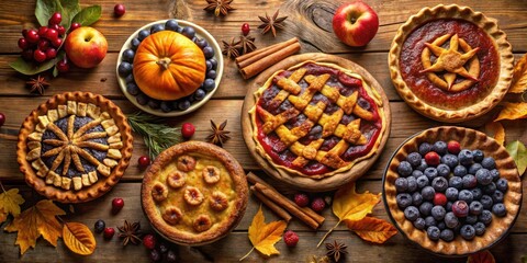 Fototapeta premium A Rustic Fall Feast with an Assortment of Pies, Including Blueberry, Cherry, and Pumpkin, Decorated with Autumn Leaves and Spices